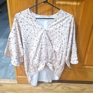 Pink abstract, bell sleeve, tie front, medium woman's blouse